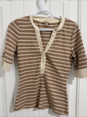 Y2K GUESS Tan & Cream Striped Ribbed Henley